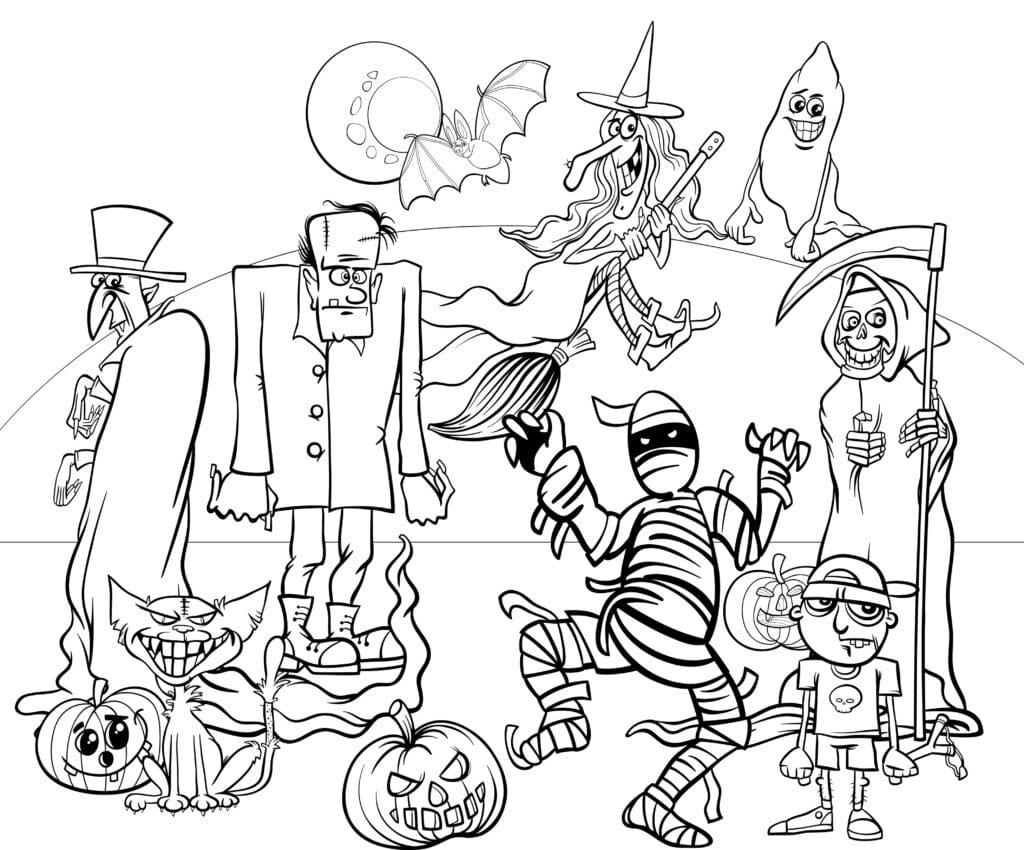 Ausmalbild: verschiedene Monster zu Halloween
