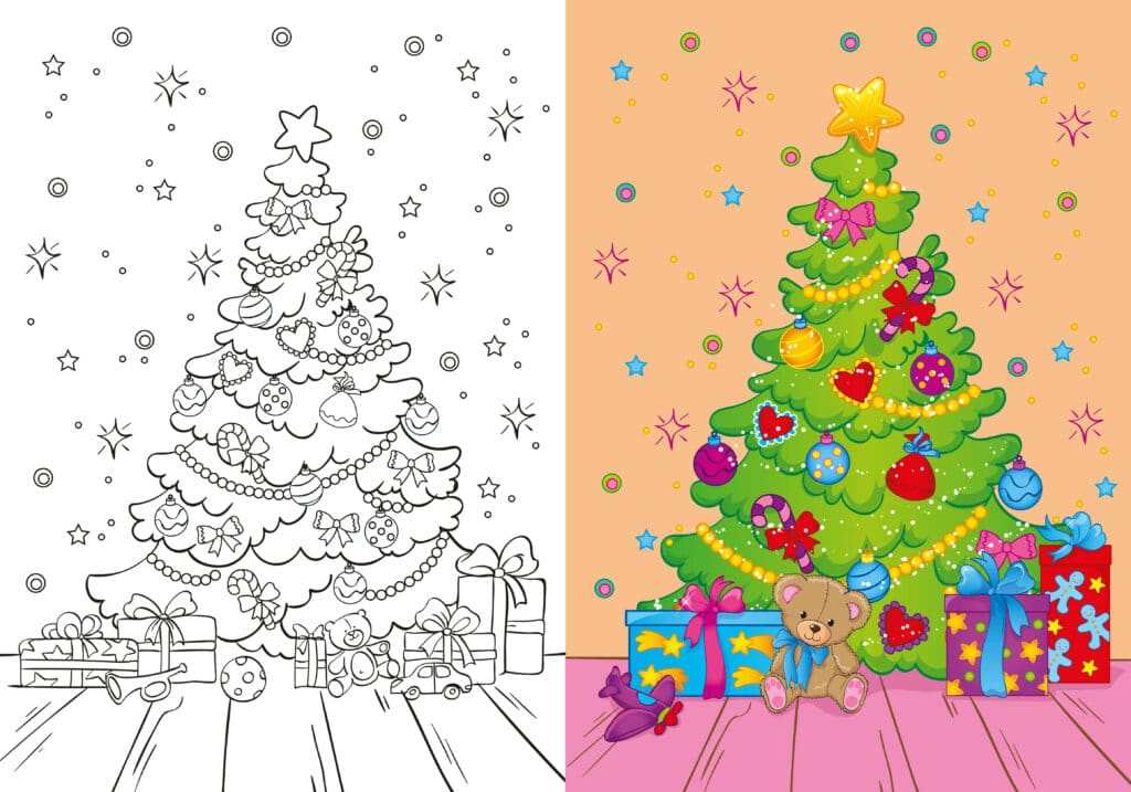 Dieser tolle Weihnachtsbaum ist ganz bunt geschmückt und schön mit Geschenken bestückt. Hier hast du eine tolle Vorlage, wie er aussehen könnte, wenn du ihn ausmalst. Aber natürlich darfst du auch ganz andere Farben benutzen.