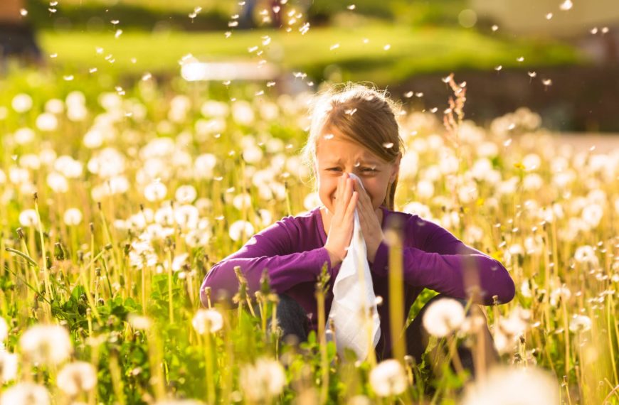 Mädchen auf Wiese mit Pusteblumen und Allergie