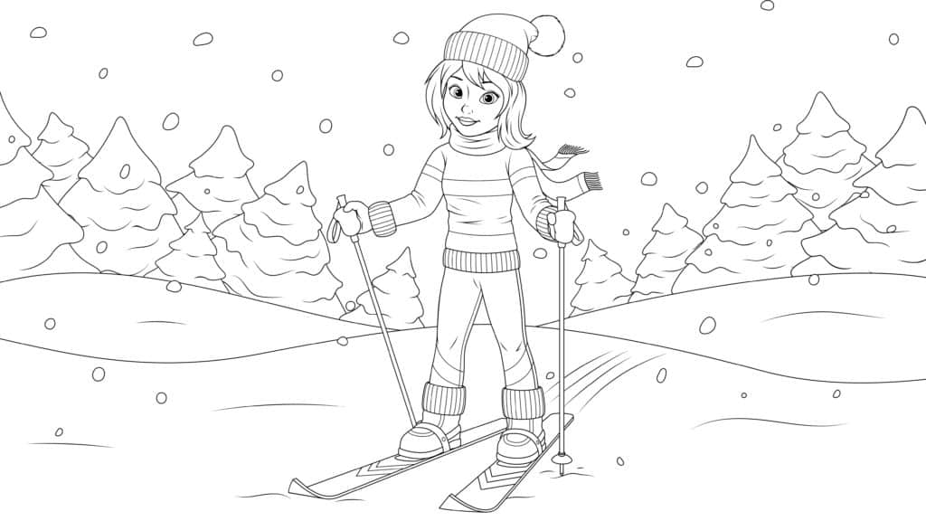Ausmalbild : Mädchen Skifahren