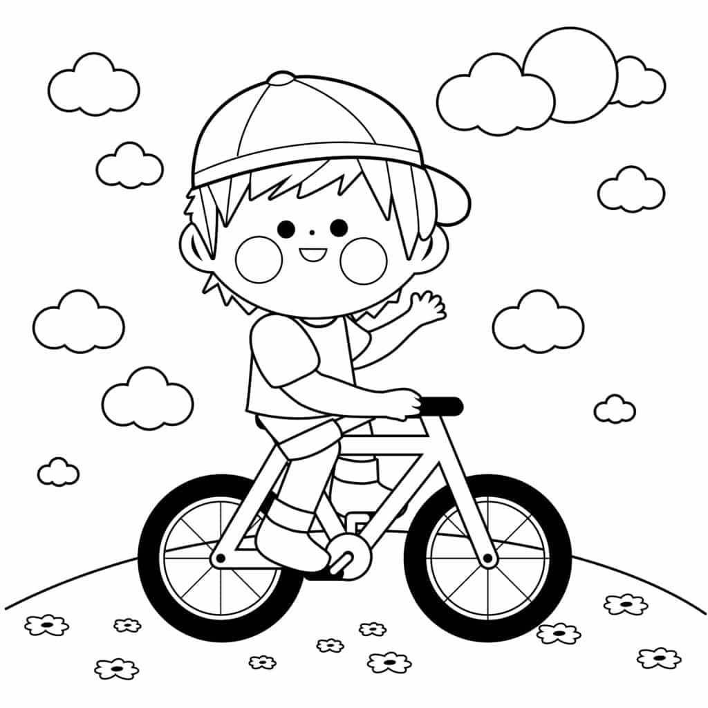 Junge fährt Fahrrad - Ausmalbild