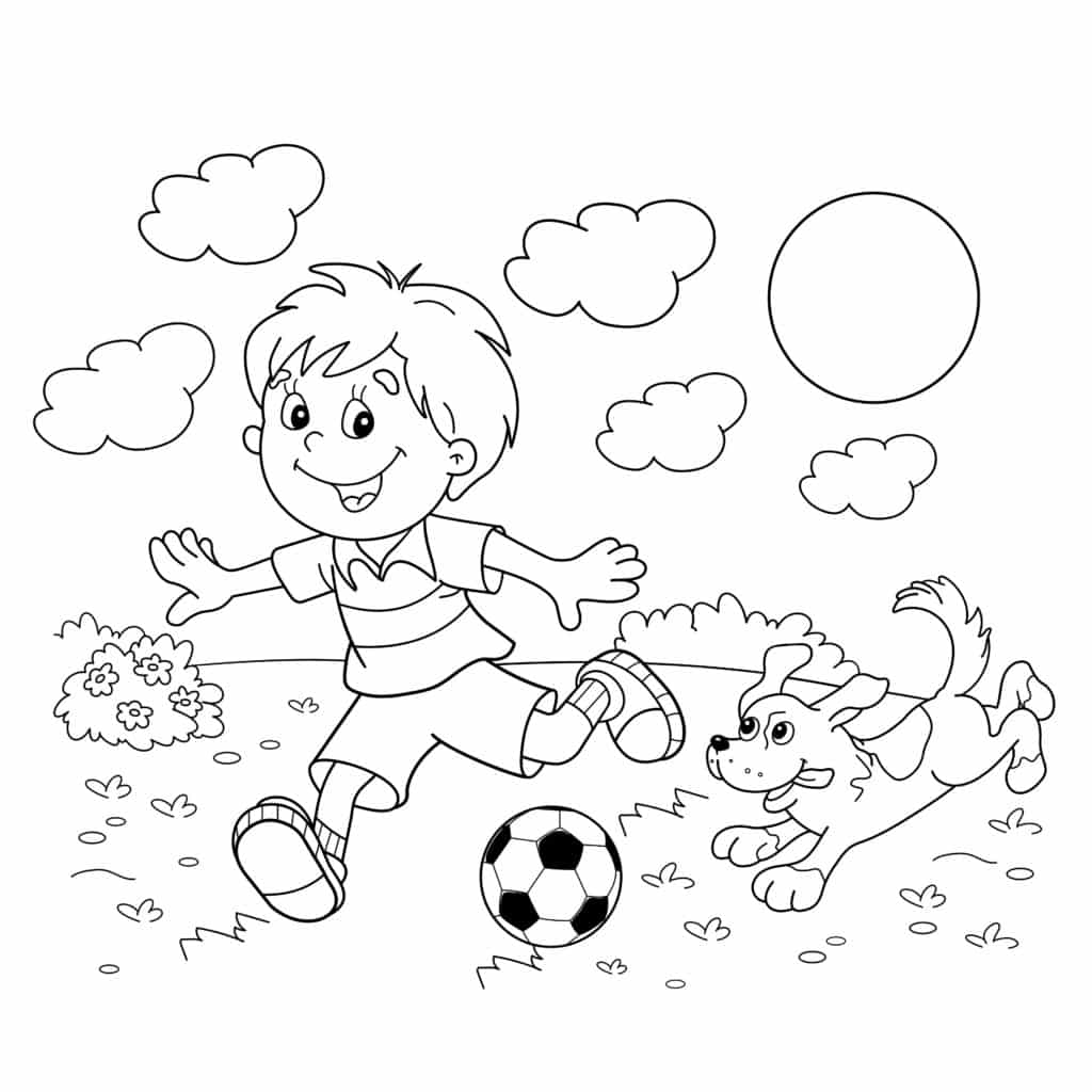Ausmalbild: Junge spielt mit dem Hund Fußball
