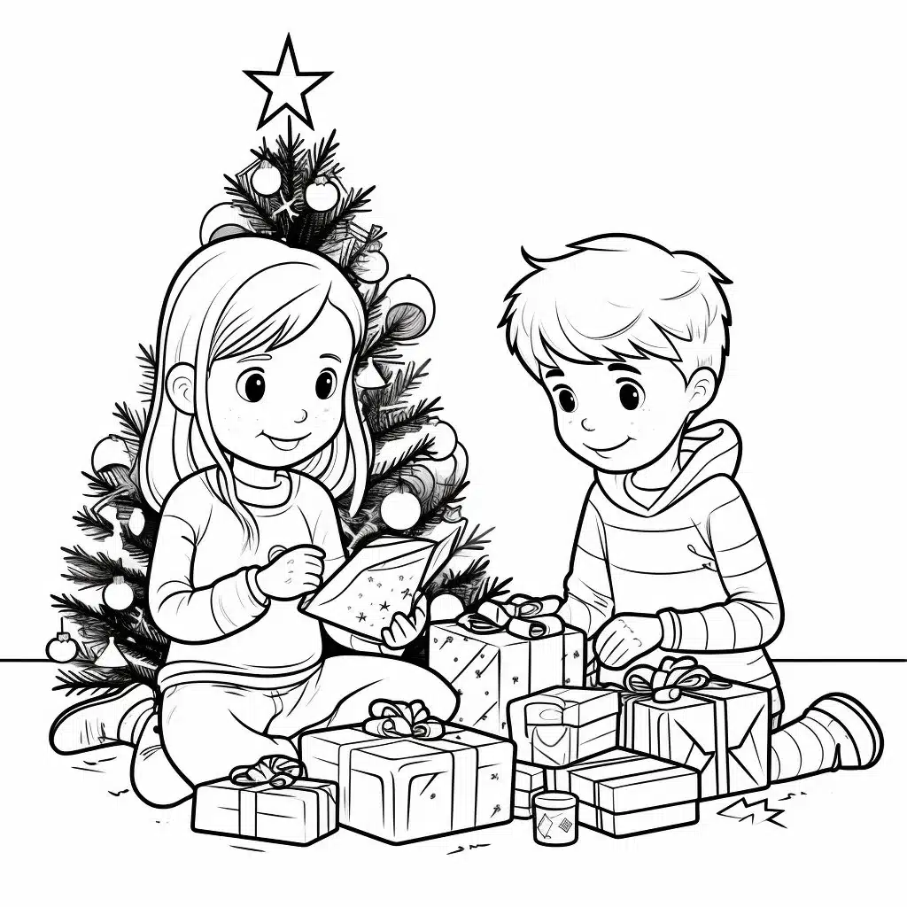 Bruder und Schwester packen Weihnachtsgeschenke aus - Ausmalbild