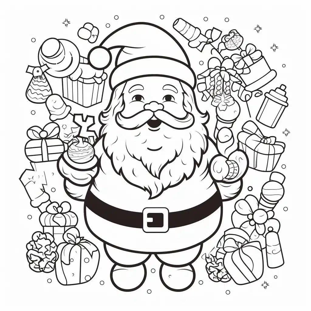 Der Weihnachtsmann mit Geschenken und Süßigkeiten - Ausmalbild für Kinder