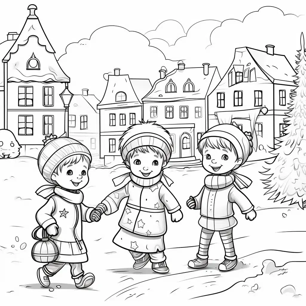 Drei Kinder freuen sich auf die Bescherung an Weihnachten - Ausmalbild