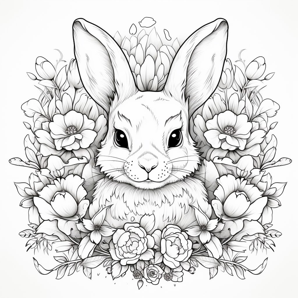 Hase inmitten von Blumen Ausmalbild