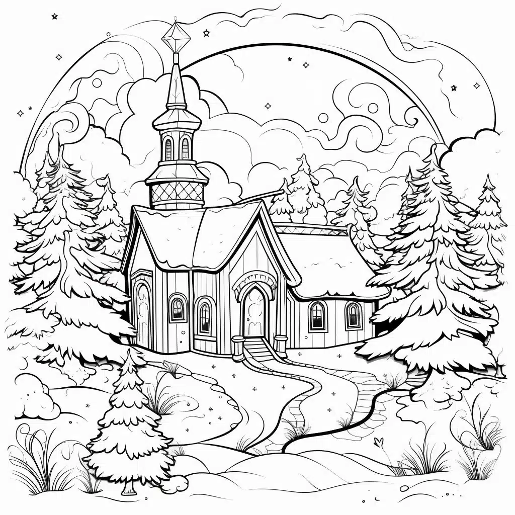 Holzkirche im Wald an Weihnachten - Ausmalbild