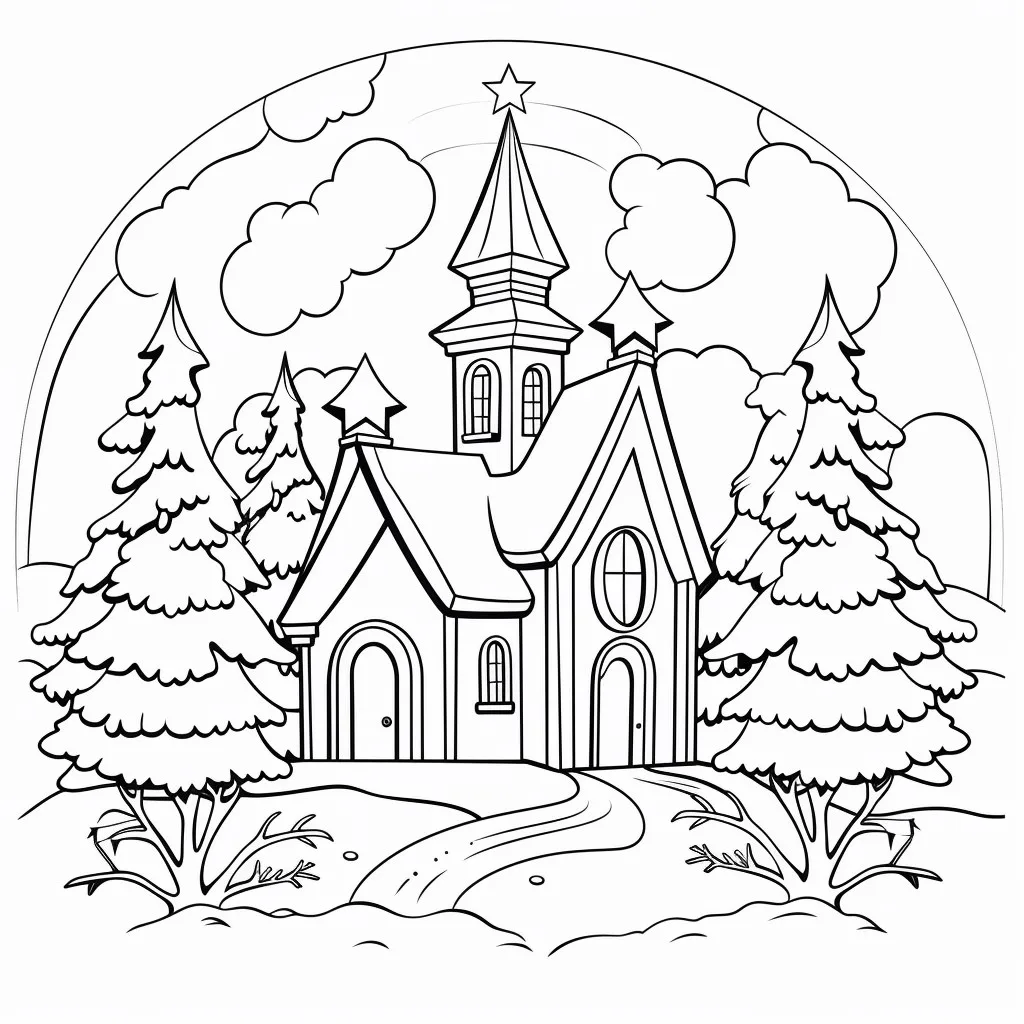 Kleine Kirche im Winter - Weihnachten Ausmalbild für Kinder