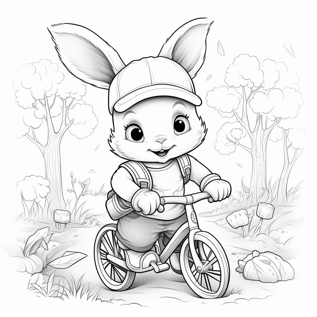 Kleines Kaninchen auf Fahrrad Ausmalbild