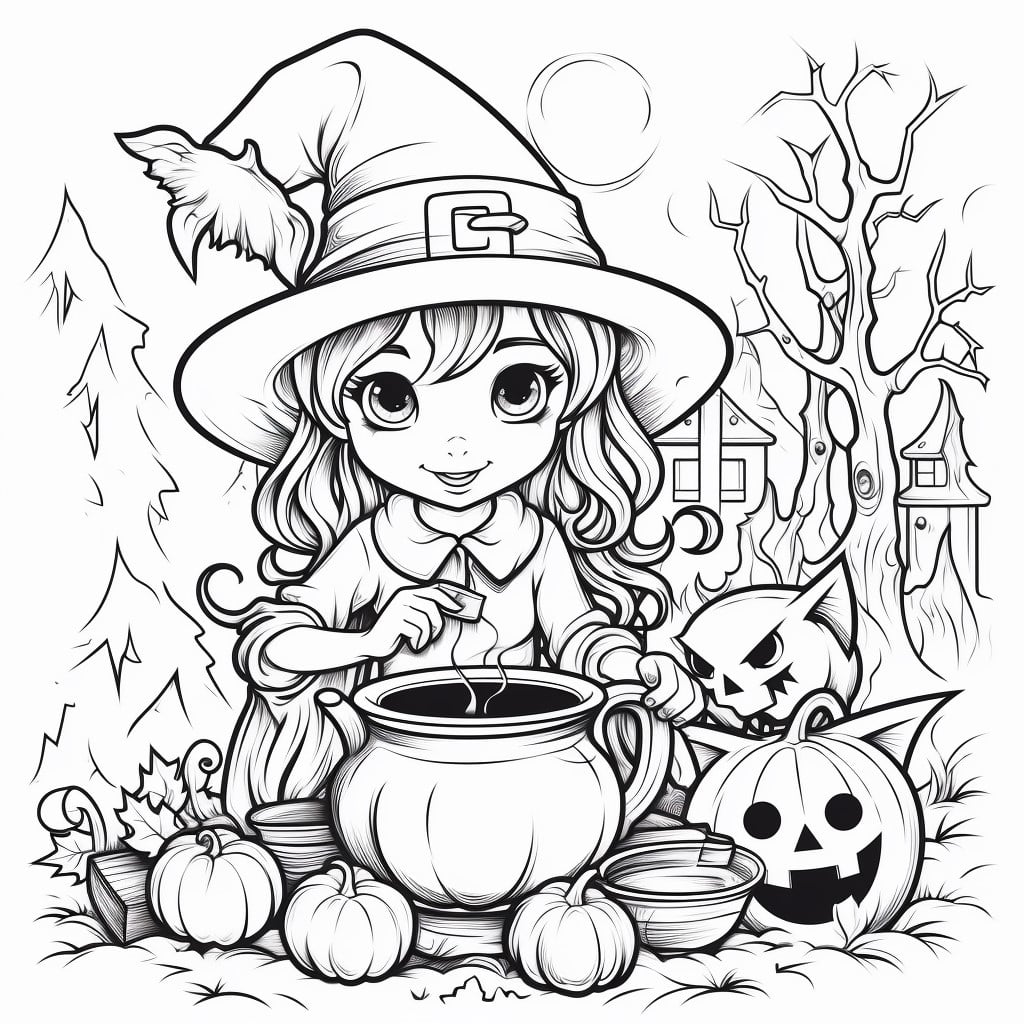 Süße Halloween Hexe mit Topf Ausmalbild