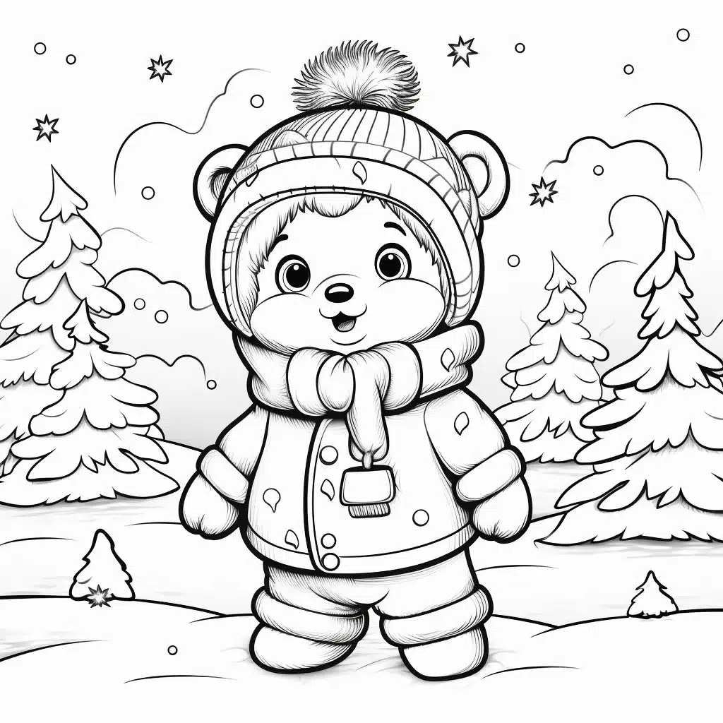Süßer Teddybär zur Weihnachtszeit im winterlichen Wald - Ausmalbild