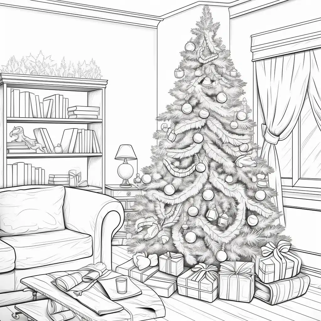 Weihnachtsbaum im Wohnzimmer - Ausmalbild