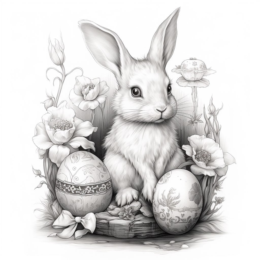 gezeichneter Hase mit Ostereiern und Blumen