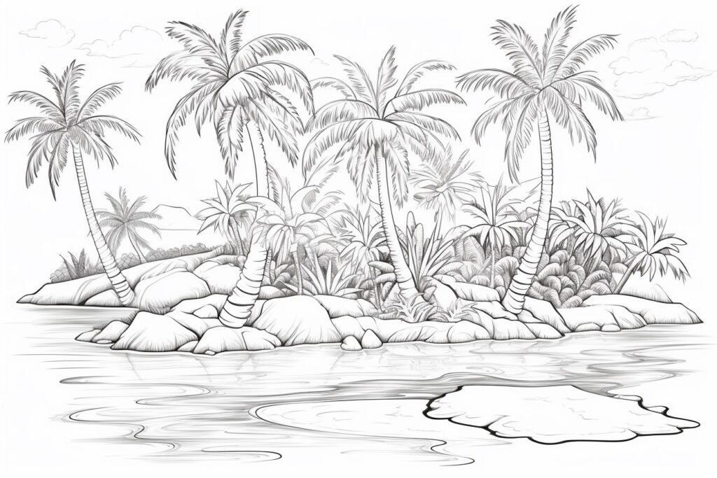 Einsame Insel mit Palmen Ausmalbild
