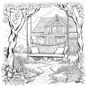 Kleines süßes Haus mit tollem Garten und Hängematte - Ausmalbild