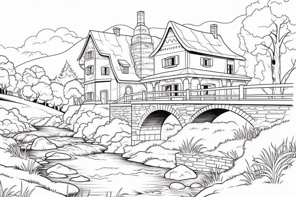 Häuser am Fluss Ausmalbild