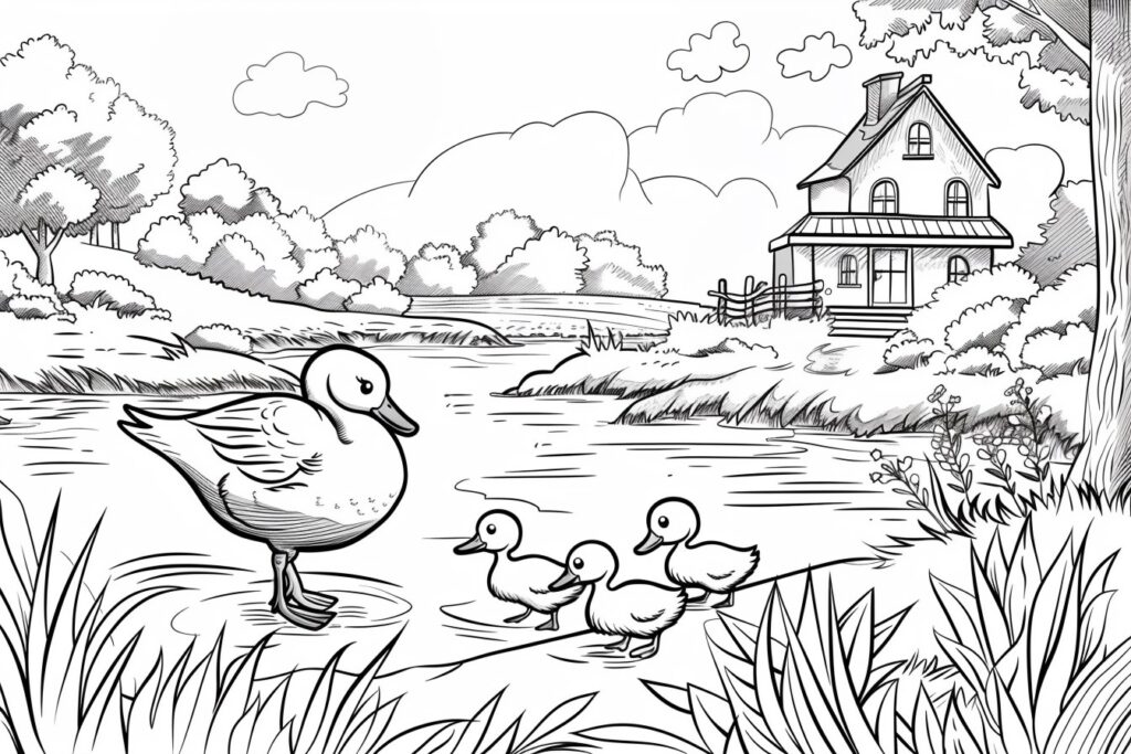 Ausmalbild: Entenmama und ihre Babys an einem Teich