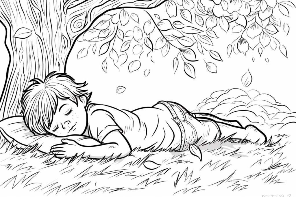 Ausmalbild: Junge schläft unter einem Baum