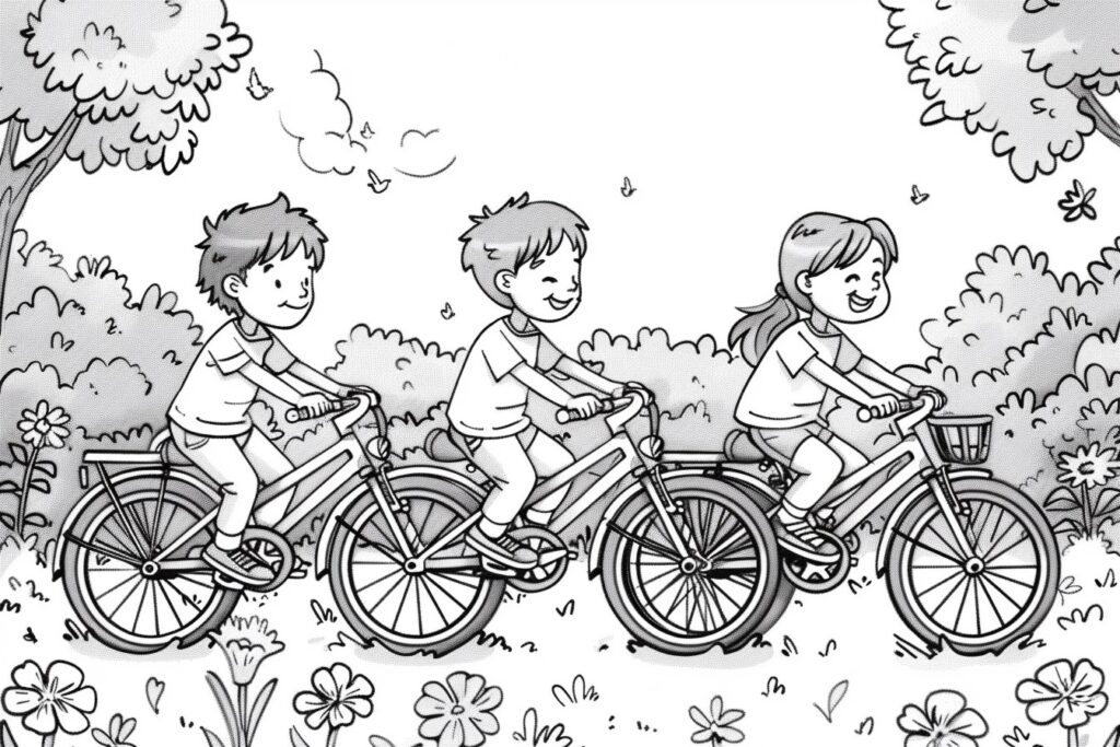 Ausmalbild: Drei Freunde fahren im Frühling mit dem Rad