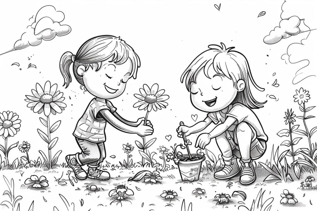 Frühlings-Ausmalbild: Freundinnen pflanzen eine Blume