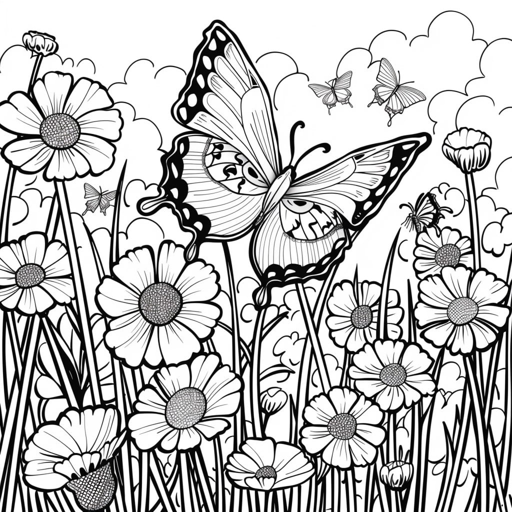 Ausmalbild von Schmetterling auf einer Blumenwiese