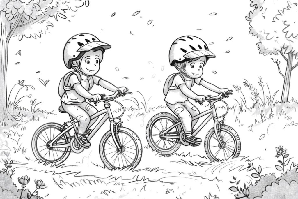 Kleine Freunde mit dem Fahrrad - Ausmalbild