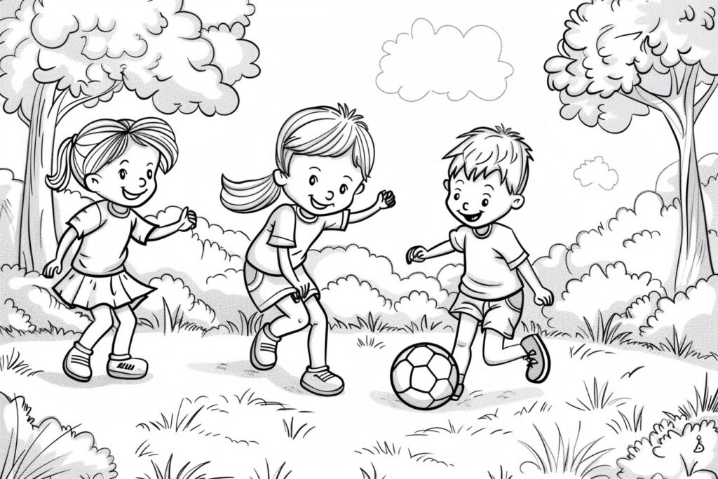 Ausmalbild: Kinder spielen Fußball