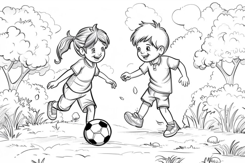 Mädchen und Junge spielen Fußball - Ausmalbild