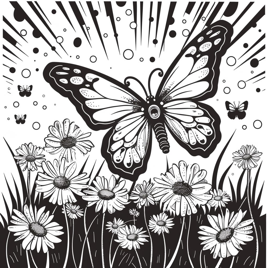 Schmetterling Ausmalbild Blumenwiese, moderner Stil