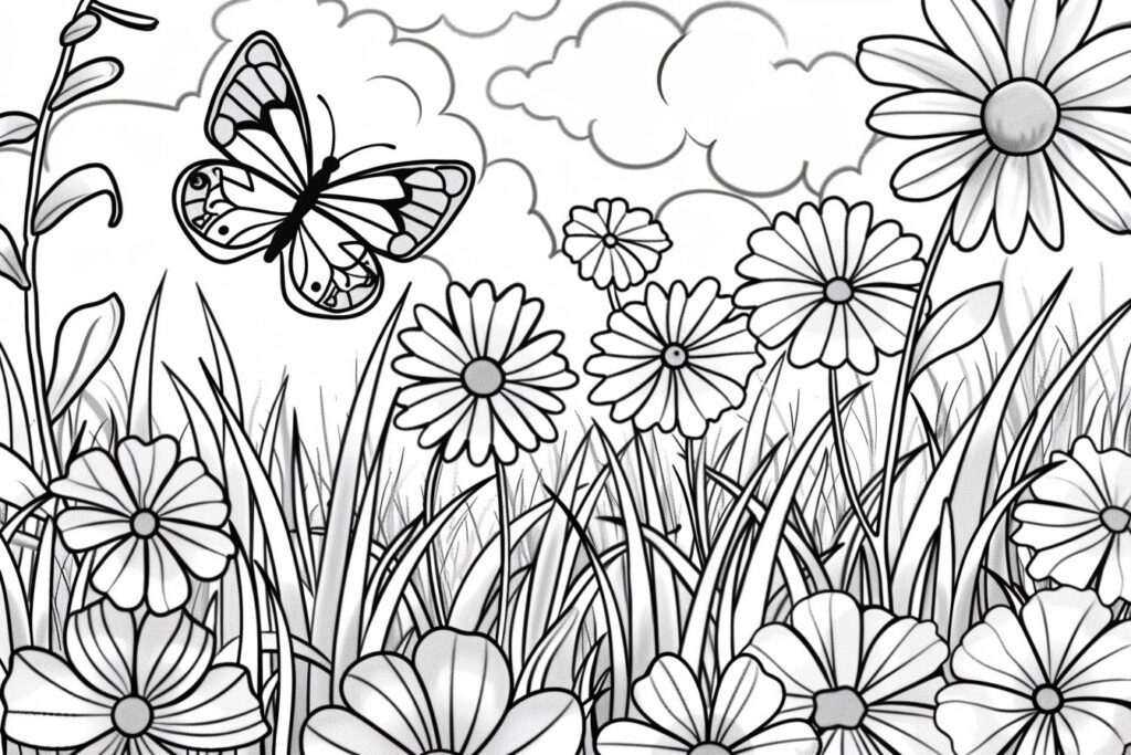 Schmetterling auf Blumenwiese Ausmalbild