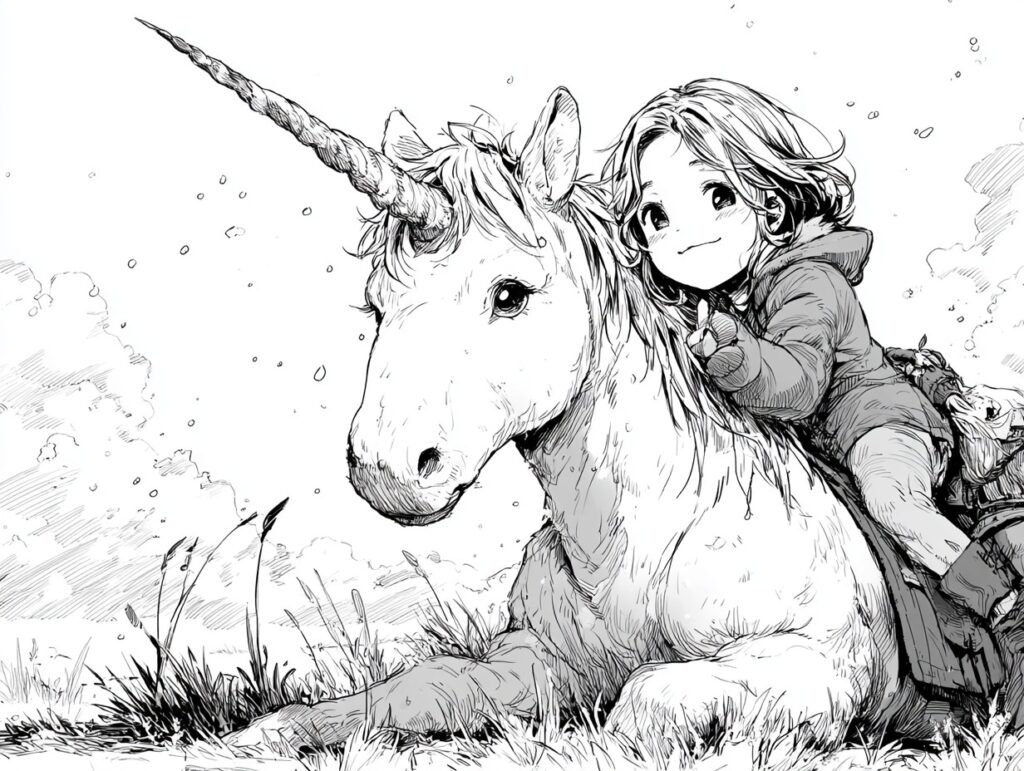Abenteurerin und EInhorn Ausmalbild