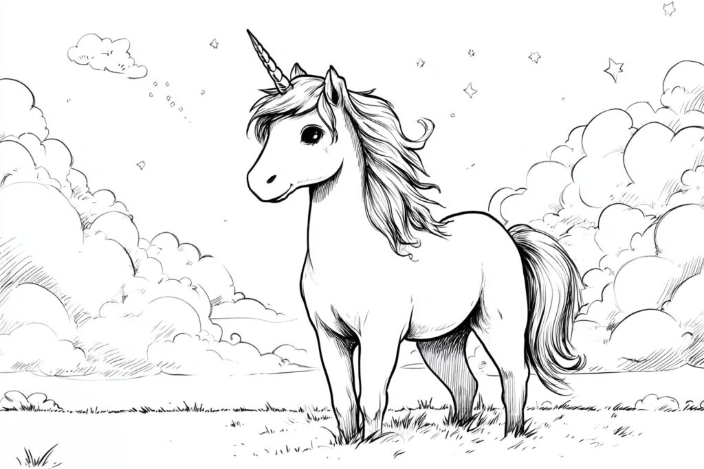 Einhorn auf einer Wiese Ausmalbild