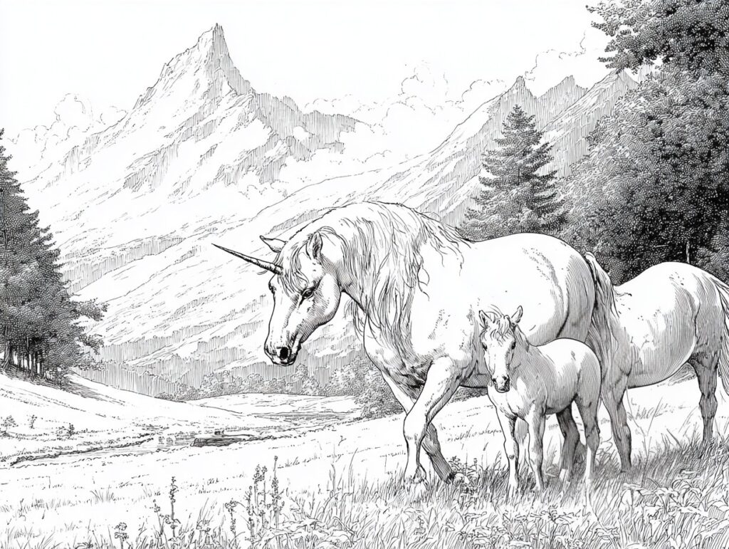Einhorn Familie auf Wanderschaft Ausmalbild