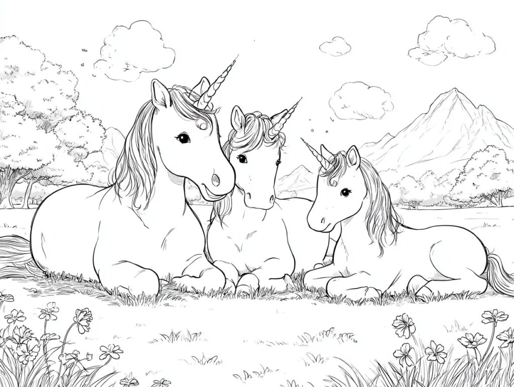 Einhorn Familie ruht sich aus Ausmalbild