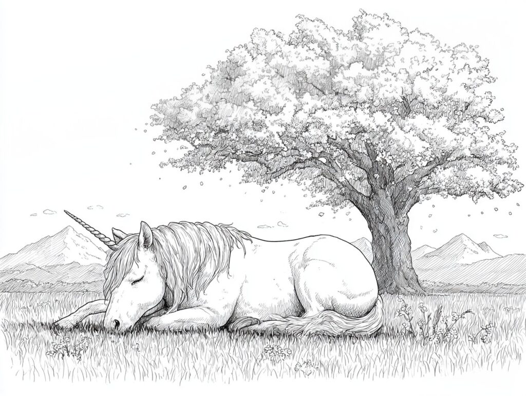 Einhorn Stute schläft unter einem Baum Ausmalbild