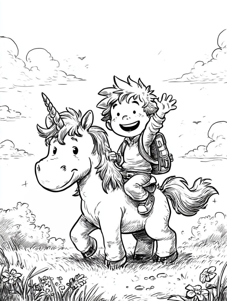 Junge mit Schulranzen auf Einhorn Ausmalbild