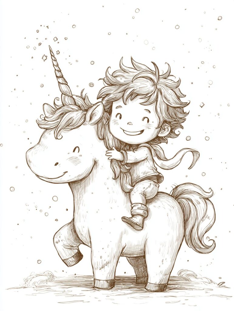 Junge reitet Einhorn Ausmalbild für Kinder
