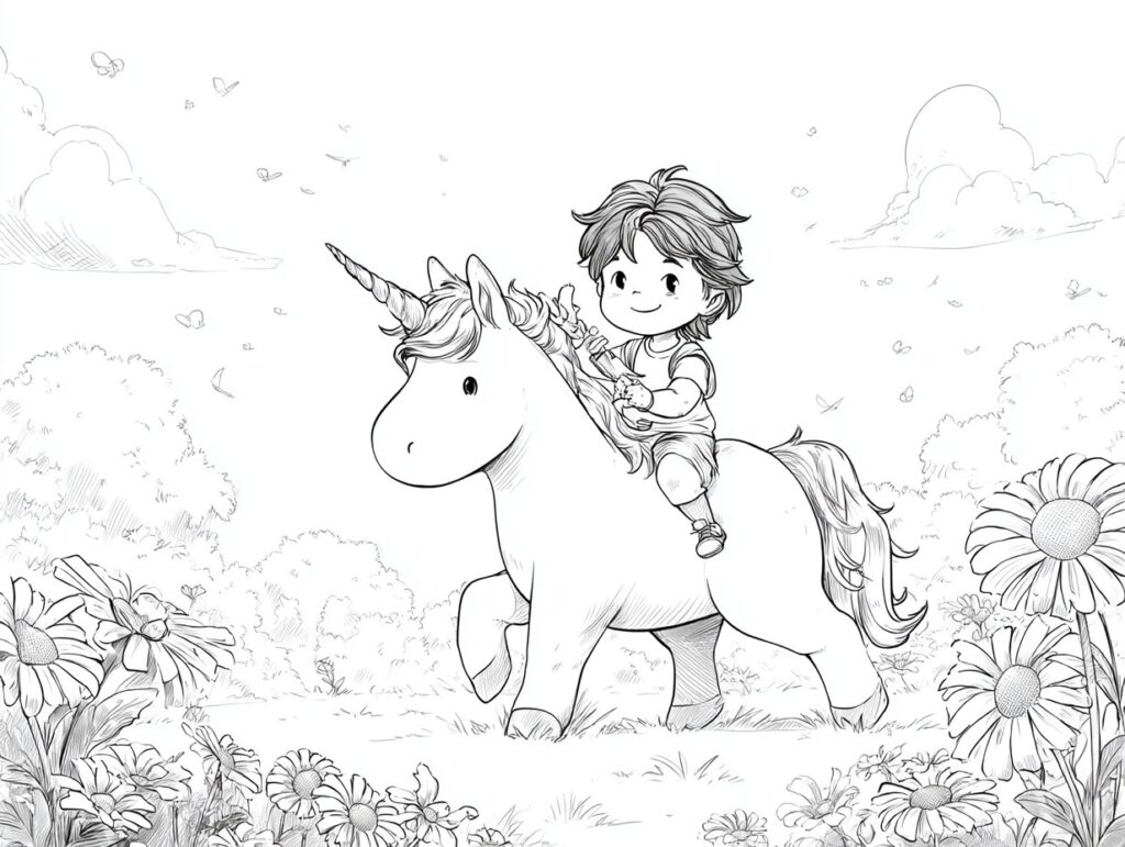 Kind reitet auf niedlichem Einhorn Ausmalbild