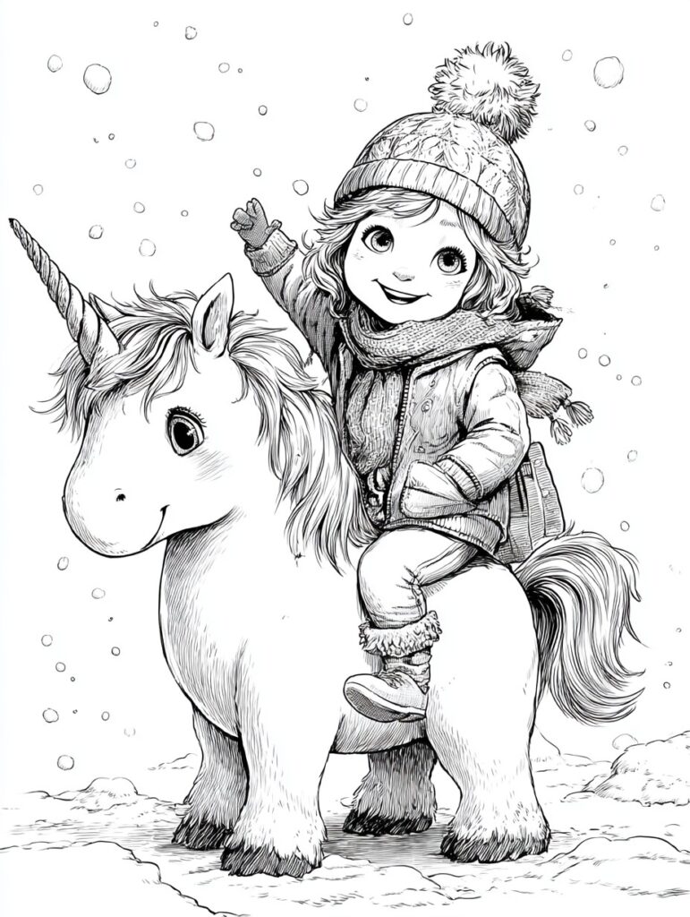 Mädchen sitzt auf Einhorn Ausmalbild für Kinder