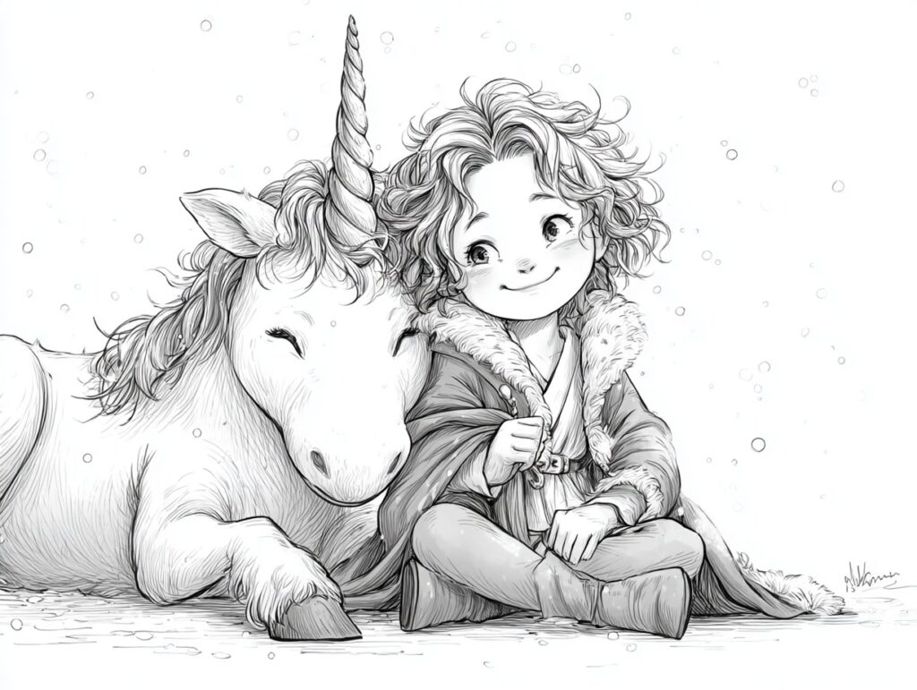 Mädchen und ihr schlafendes Einhorn Ausmalbild