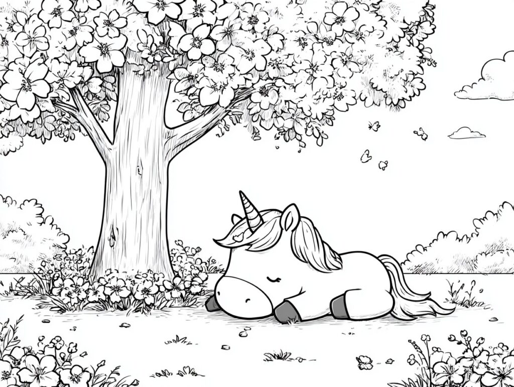 Süßes Einhorn schläft unter einem Baum Ausmalbild