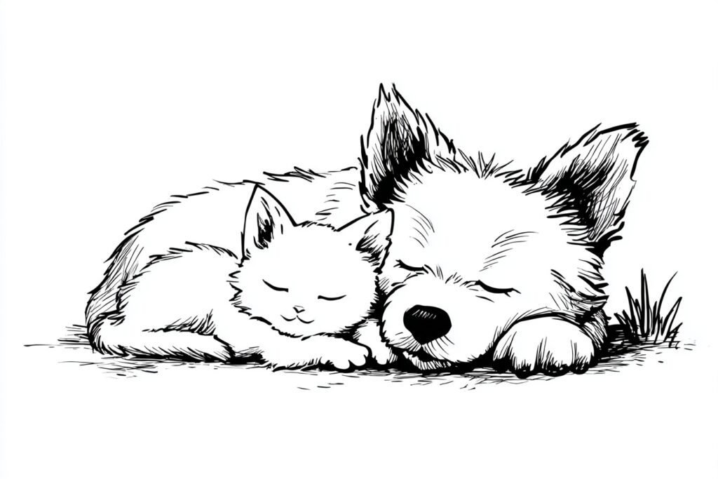 Kätzchen und Hundefreund kuscheln - Ausmalbild