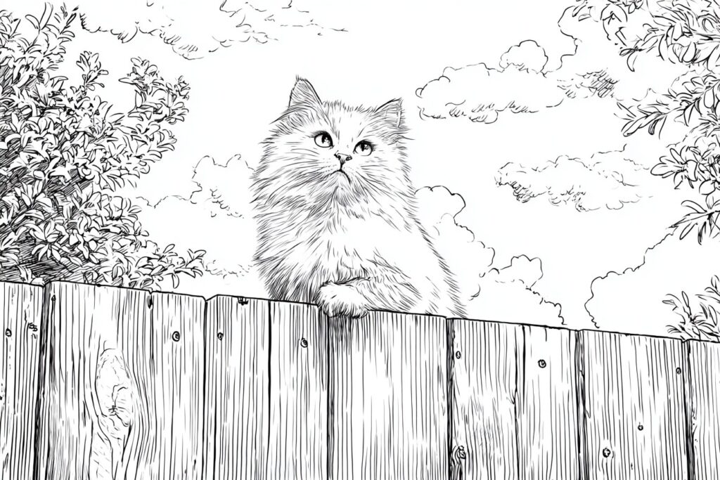 Katze sitzt auf einem Zaun auf der Lauer - Ausmalbild