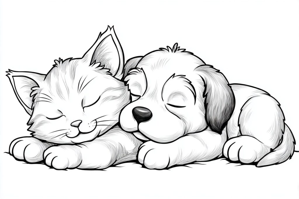 Katze und Hundewelpe kuscheln - Ausmalbild