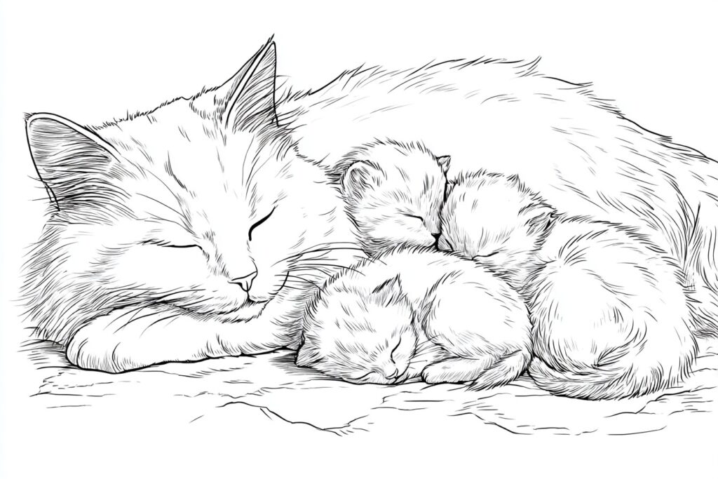 Katzenmama und Babys kuscheln