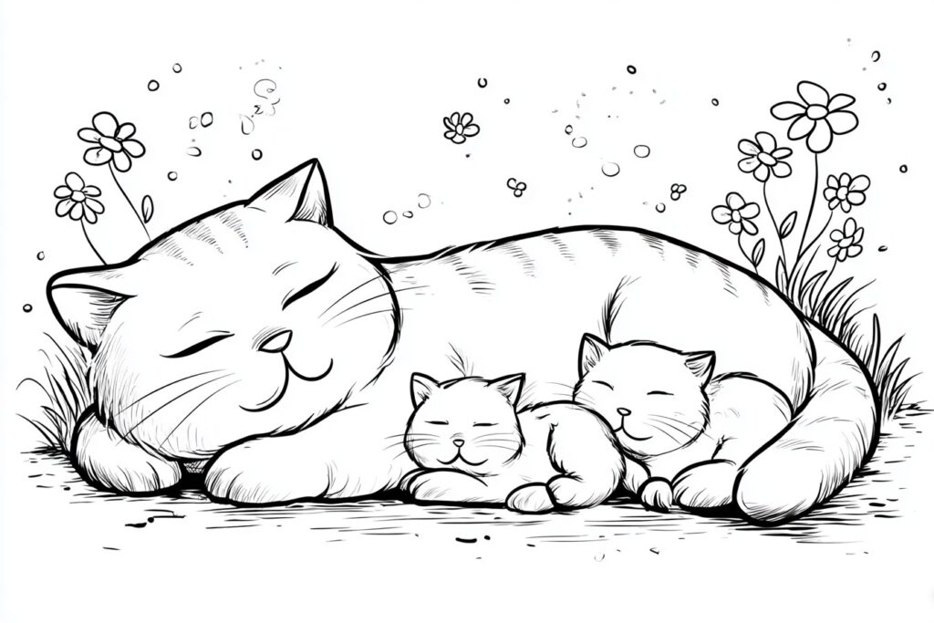 Katzenmutter und Babys schlafen