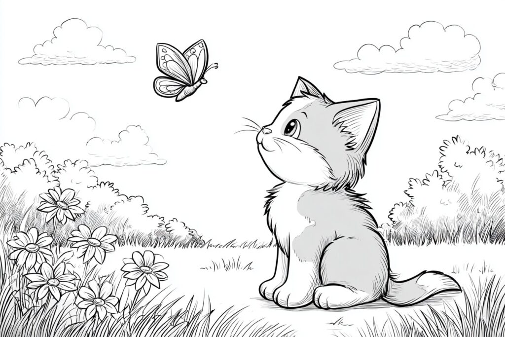 Katze und Schmetterling spielen auf einer Wiese - Ausmalbild für Kinder