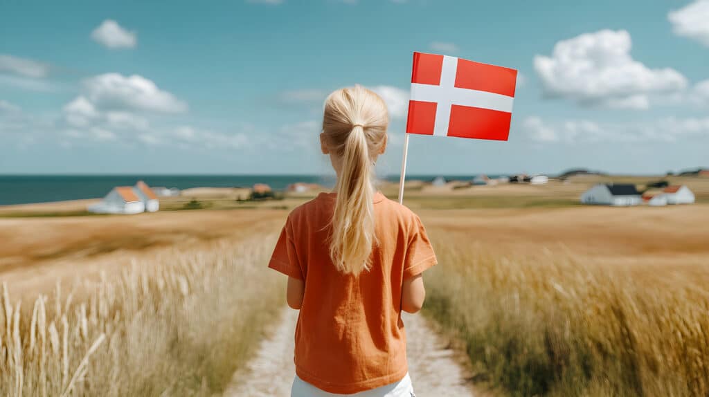 Mädchen am Strand mit dänischer Flagge