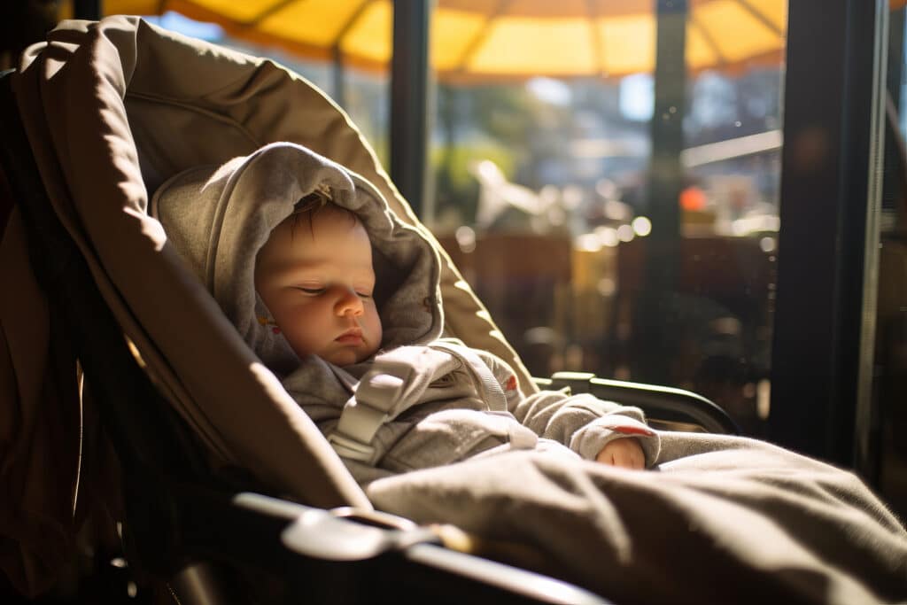 Baby im Kinderwagen halbe Sitzposition