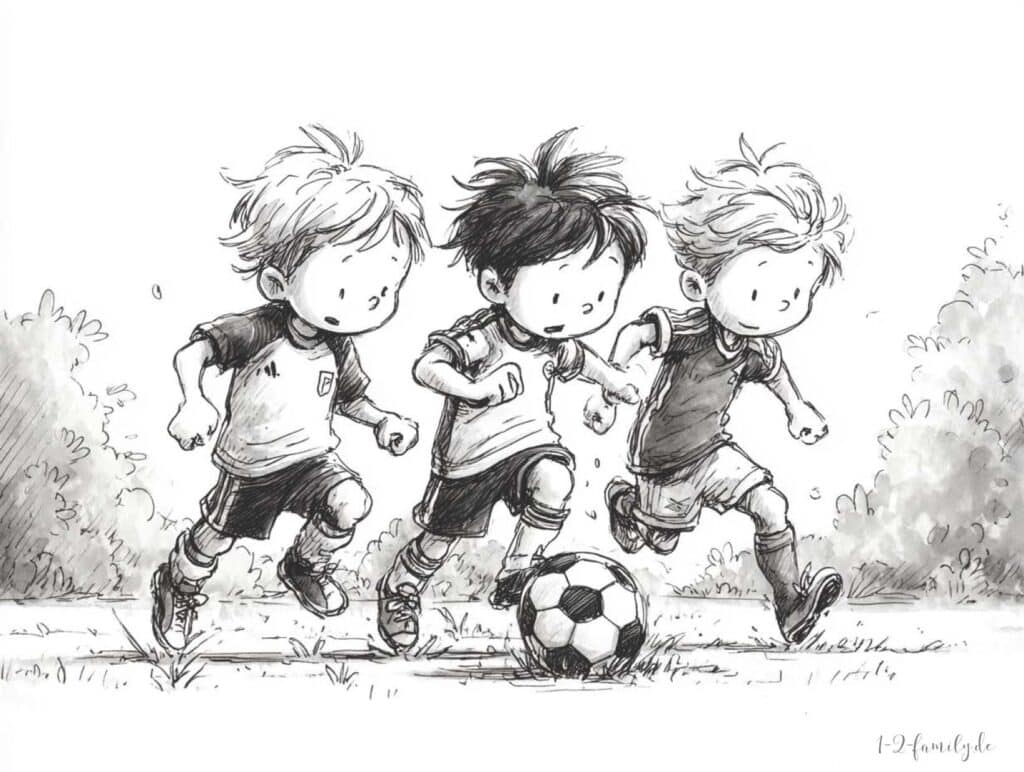 Drei Jungs spielen auf dem Rasen Fußball Ausmalbild